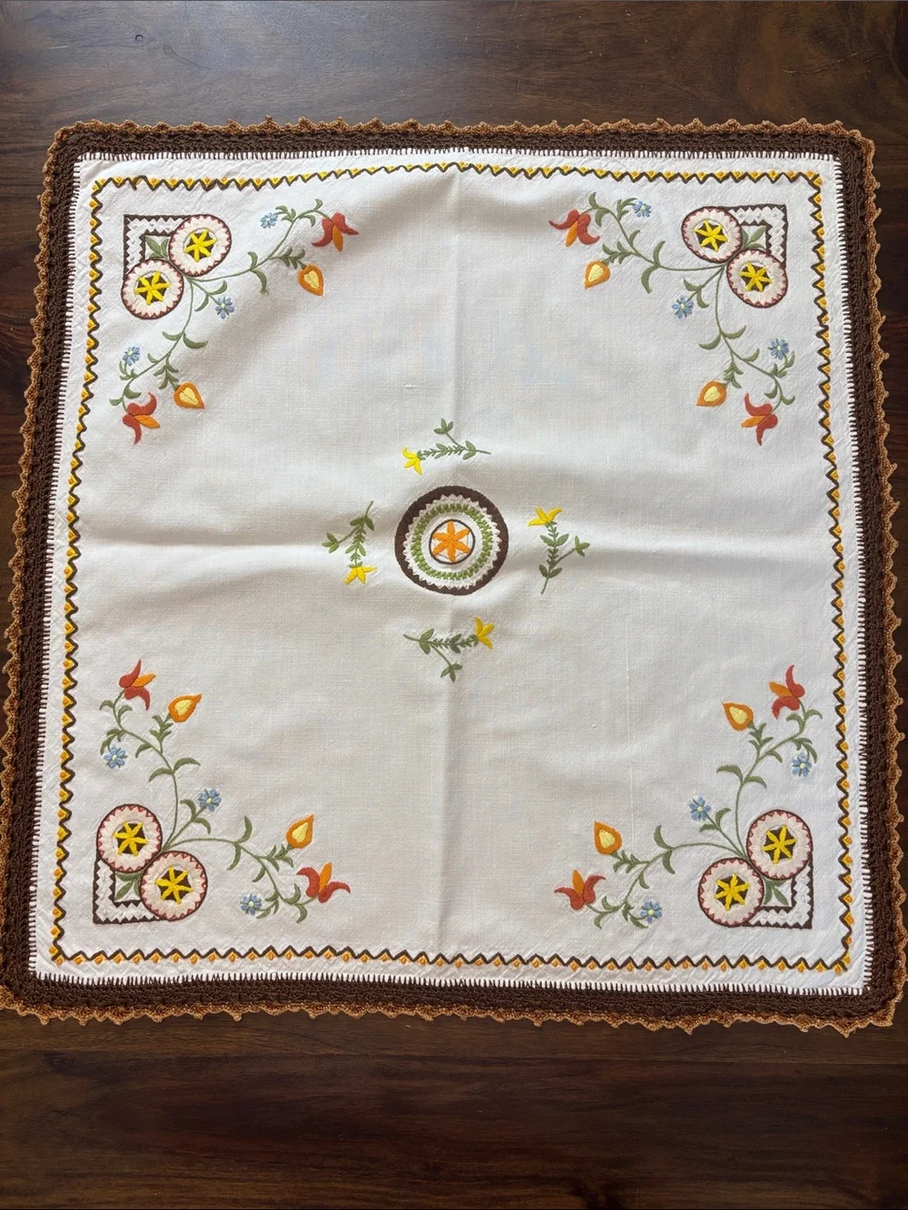 Vintage Swedish Embroidered Floral Tablecloth Runner Cream and Brown- Gorgeous!